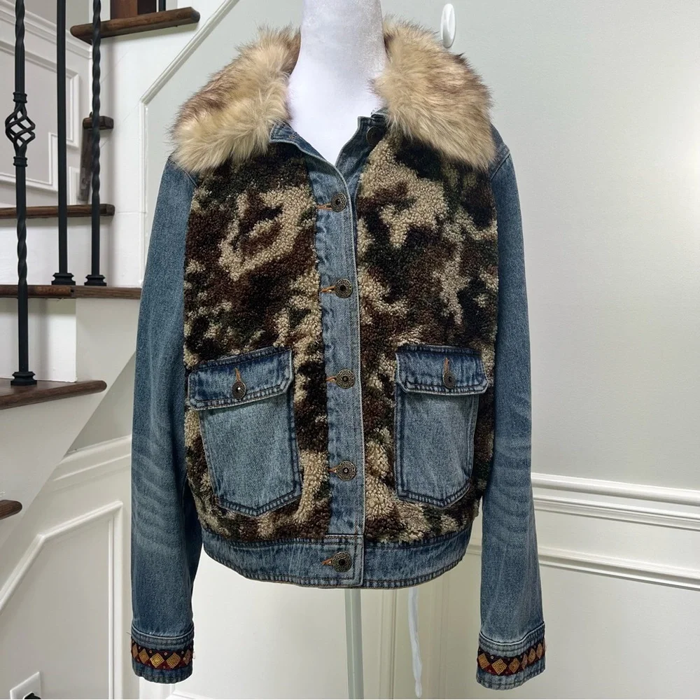 Desigual Denim Camouflage Jean Jacket with Faux Fur XL - Picture 3 of 15